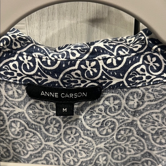 Anne Carson Linen Blend Navy and White Patterned Blouse - Picture 2 of 6